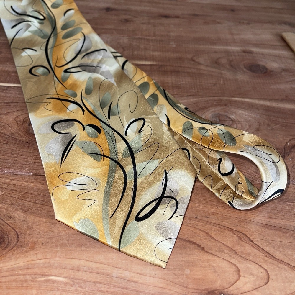 J. Garcia 100% Silk Extra Long Tie - Abstract Botanical Art - Gold & Sage 66"